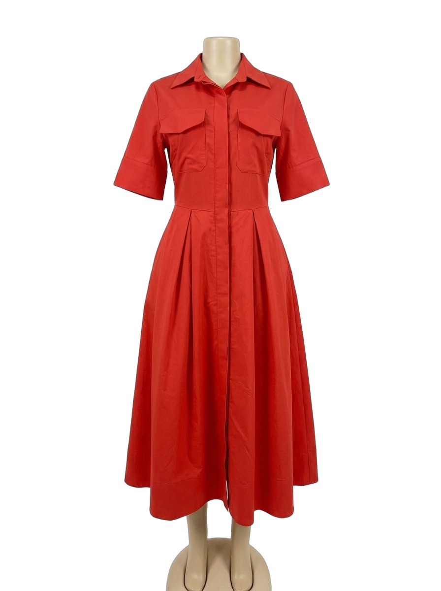 Scarlet Red Pleated Midi Shirt Dress